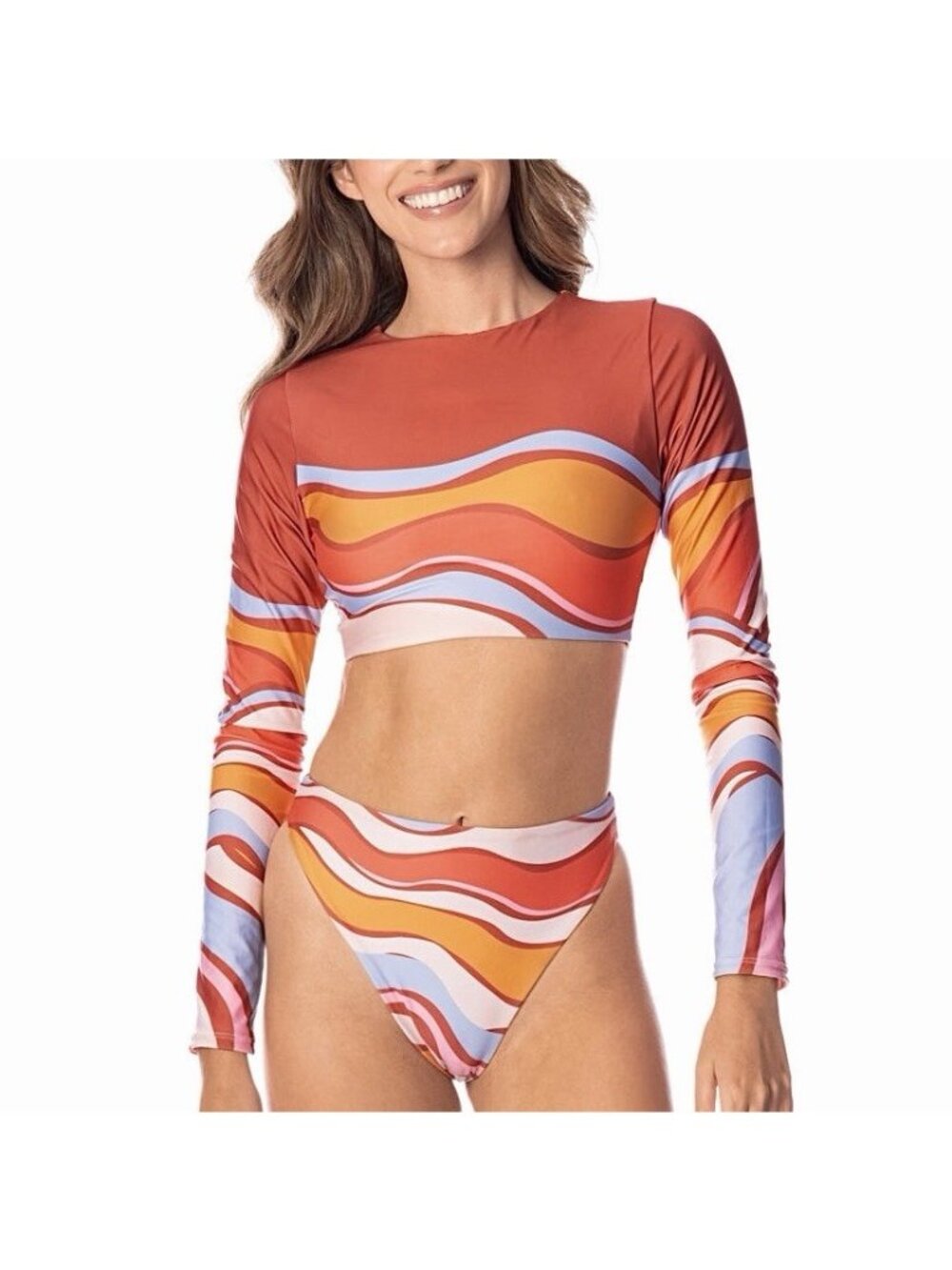 Maaji Orange Swizzle Blossom Spectacle Long Sleeve Swim Crop Top Women’s Small